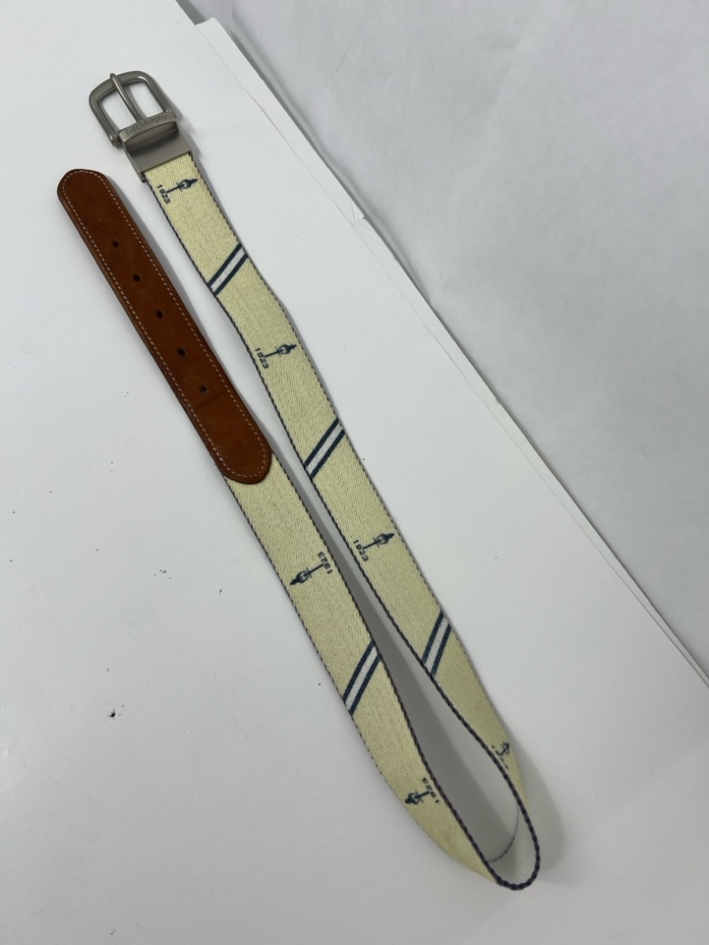 DocMurphy Striped Cream Canvas Belt with Brown Leather Trim